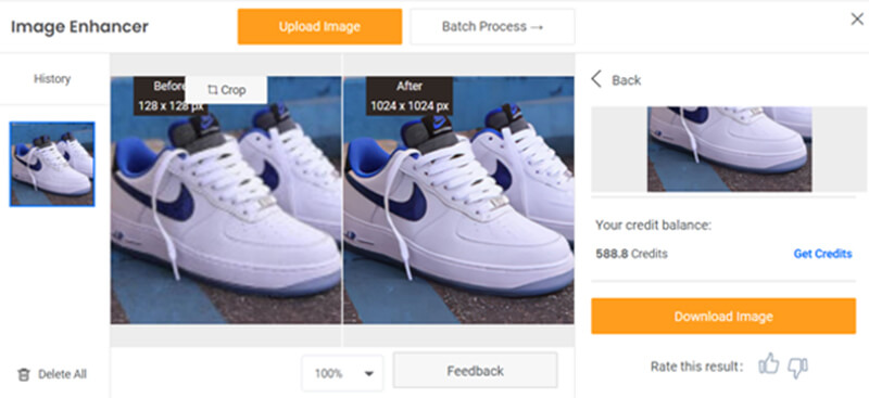 Image enlarger A vanceai image upscaler result showing an image of sneakers before and after enhancement, with a significant resolution increase.