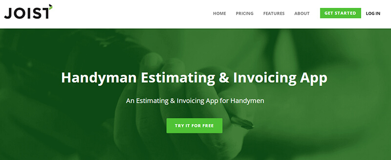 Joist The joist homepage promoting a "handyman estimating & invoicing app," a specialized tool designed to help professionals manage business operations within the ecosystem of handyman apps.