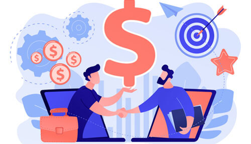 Pay emphasis on unique offerings Business partnership illustration showing two people shaking hands with a large dollar sign and financial icons.