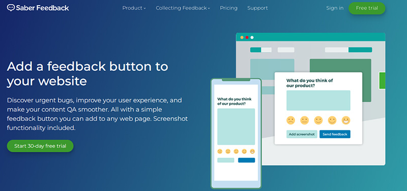 Saber feedback Saber feedback platform for adding feedback buttons to websites, enabling easier collection of user insights and improving user experience.
