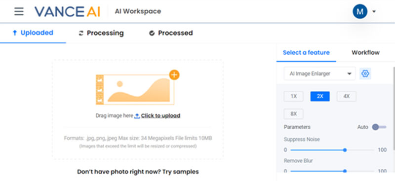 Visit vanceai upscaler workspace Vanceai image upscaler interface for uploading images, offering tools for image enlargement with different scaling options.