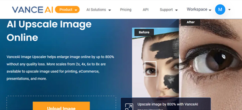 Visit vanceai image upscaler’s product page Vanceai image upscaler homepage with a before and after image comparison showing enhanced image quality and sharpness.