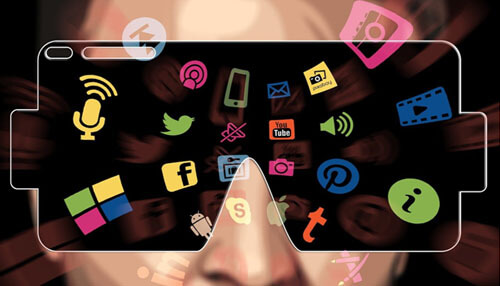 Online gaming platforms Augmented reality glasses showcasing various social media icons, symbolizing the integration of online gaming platforms with social media.