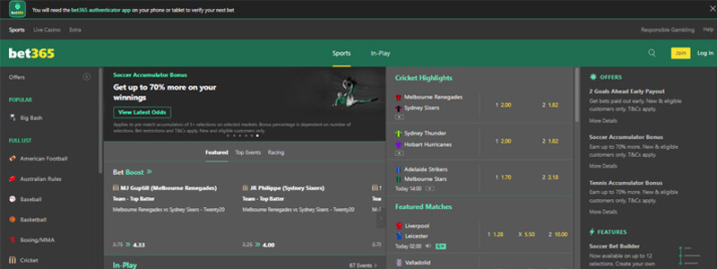 Bet365 A screenshot of one of the popular betting sites showing live sports odds, featured matches, and betting options for cricket, football, and other sports.