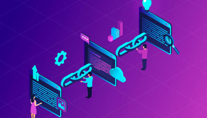 Bad external links Illustration of digital processes, with people interacting with website elements, links, and graphs, symbolizing website development and data analysis.