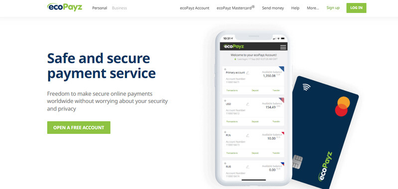 Ecocard Ecopayz secure payment service for virtual casinos, featuring mobile app interface and card for managing online transactions and ensuring security.