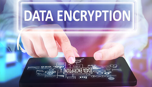 Encrypt your data User interacting with a tablet displaying data encryption graphics, highlighting encryption features for safeguarding an android mobile device.