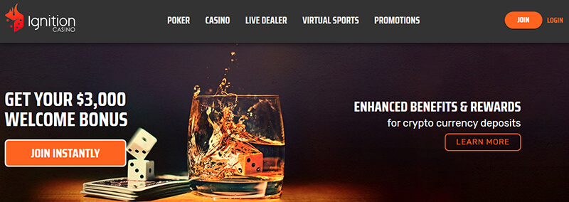Gambling sites for real money Ignition casino's website showcasing a promotion for new users, with a glass of whiskey and dice, highlighting the appeal of gambling sites offering bonuses.