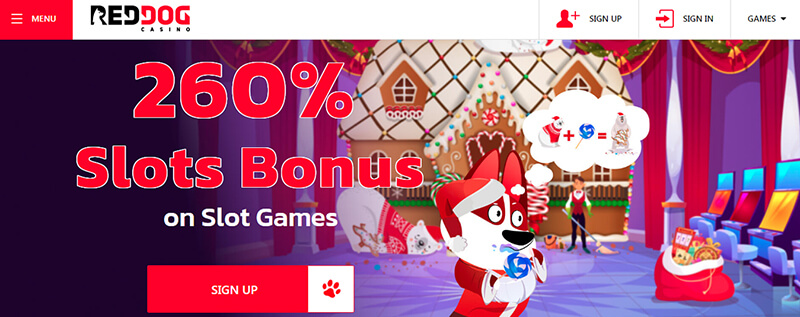 Red dog casino Red dog casino's festive promotion banner, promoting a slots bonus, showcasing the fun and engaging experience of playing at gambling sites.