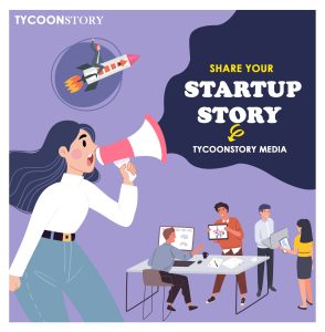 Entrepreneurs collaborating in an office while a woman speaks through a megaphone, inviting founders to share your startup story with tycoonstory media