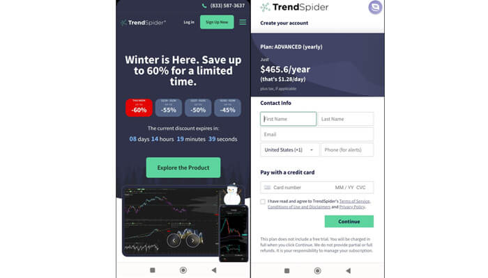Signing up with trendspider The trendspider website displaying a limited-time offer for a subscription plan, with a sign-up form and trading charts, highlighting the platform's capabilities.