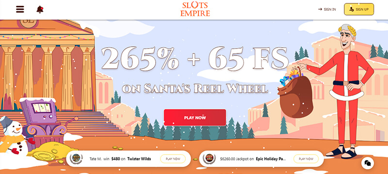 Slots empire Slots empire's holiday-themed promotion for Santa's Reel Wheel, demonstrating how gambling sites offer seasonal bonuses to attract players.