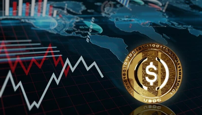 Stablecoins based on a mathematical formula Stablecoins concept illustration showing a usdc digital coin over financial market charts and price graphs, representing algorithm-based cryptocurrency stability.