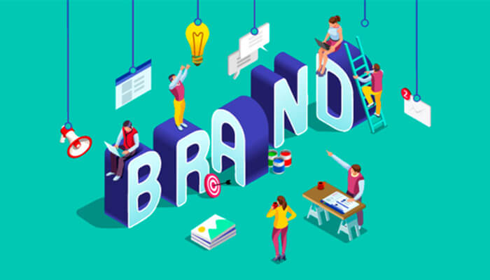 Brand design An animated illustration of people working on different aspects of brand design, including logo creation, concept development, and marketing strategies, all contributing to a cohesive brand identity.
