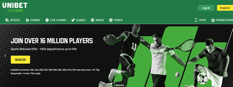 Unibet A promotional banner from one of the betting sites showing athletes from various sports and offering a welcome bonus to new players on the unibet platform.