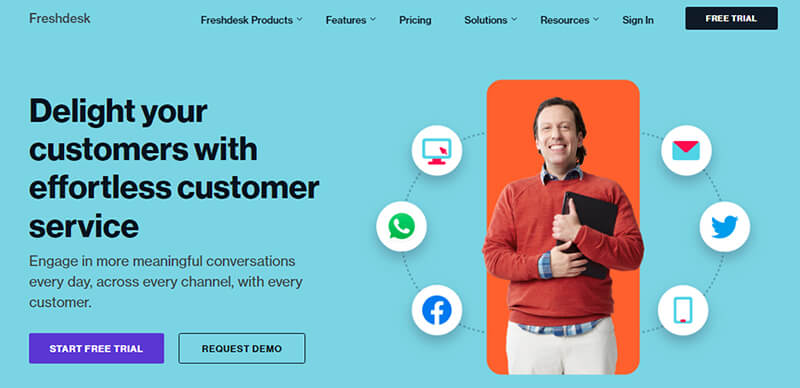 Freshdesk A digital workspace with various icons representing digital experience platforms and customer interaction tools.
