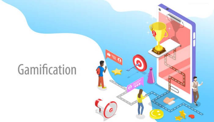 Gamify your marketing efforts Illustration of gamification elements, showing characters interacting with a mobile app, featuring a trophy, targets, and other game-like elements to engage users.