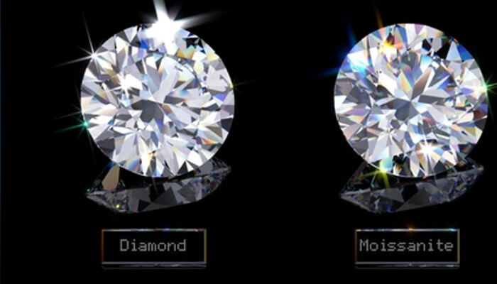 Reflection in moissanite and diamond Comparison of diamond and moissanite gemstones, highlighting their sparkling appearance and beauty with labels distinguishing each precious stone.