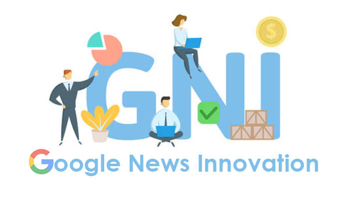 There are six winners of the gni in india Google news innovation illustrated with gni letters featuring people working with charts, laptops, and icons representing digital growth.