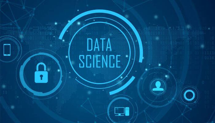 Data science life cycle Futuristic digital interface displaying data science life cycle concepts with icons for security, analytics, and technology.