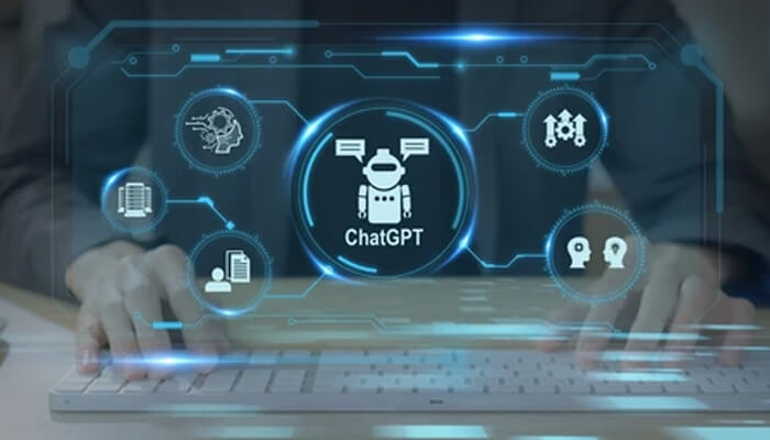 Chatgpt is ai A person typing on a keyboard with futuristic ai interface icons and the chatgpt logo, illustrating how chatgpt is ai for smart automation and data processing.