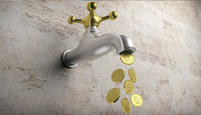 Are crypto faucets different from crypto airdrops A visual of a crypto faucet dispensing golden coins, with each coin representing a different cryptocurrency, illustrating the concept of earning crypto through faucets.