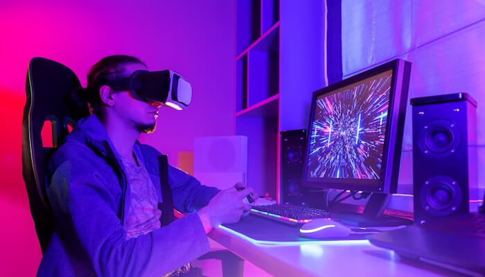 Instant access Gamer in a neon room using a vr headset and controller, highlighting high-speed cloud gaming and immersive tech.