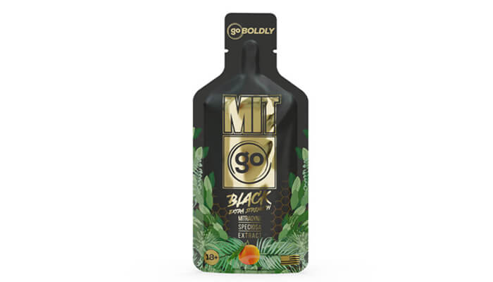 It has full spectrum kratom Mit45 so black pouch with botanical design, showcasing herbal extract and premium supplement packaging.