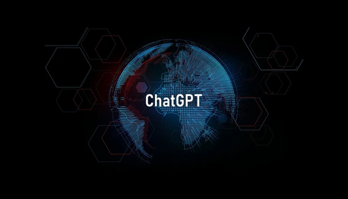 The usage of the chatgpt by students A futuristic, dark background image featuring a blue and red digital representation of the earth as a globe. The white text chatgpt is prominently centered across the globe.