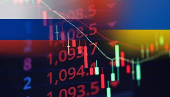 Ukrainian war A close-up of a stock market chart with fluctuating values, featuring a blend of red and green candlesticks, representing trade and financial analysis.