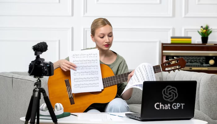 Make money with chat gpt Make money with chat gpt shown through a content creator using chatgpt to produce music lessons and online videos, highlighting creative side hustles and monetization with ai tools.