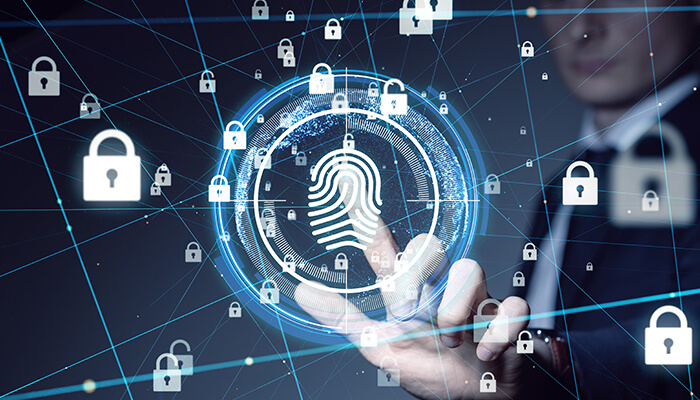 Use end to end encryption Remote access for employees with biometric security, represented by a fingerprint and digital locks in a networked environment.