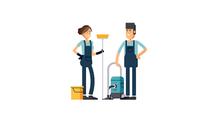 Establishing the target audience and brand positioning Two cleaning professionals, one holding a broom and the other a vacuum cleaner, representing teamwork in the cleaning business.