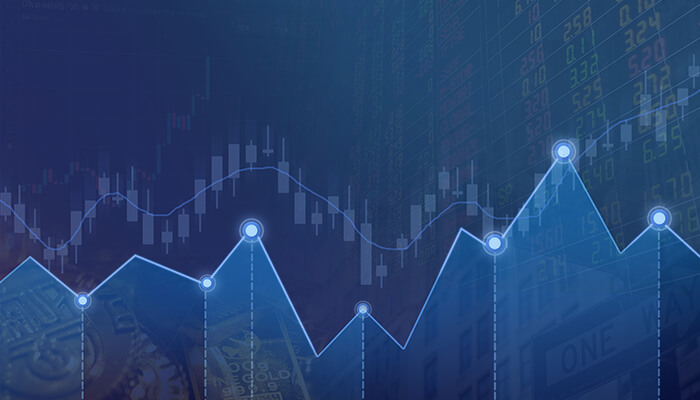 Consider pyramid trading Financial chart with rising trend lines representing investing strategies and market analysis.