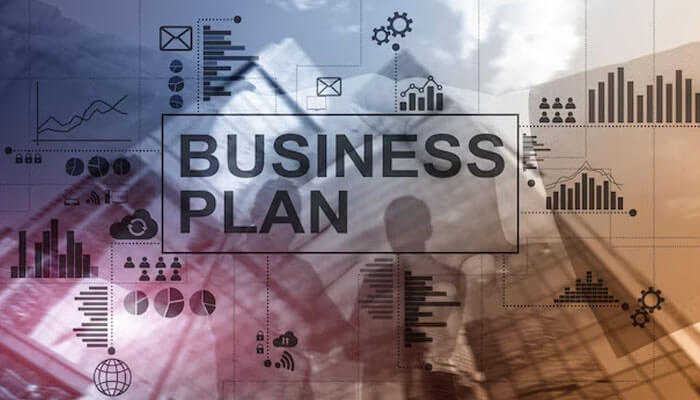Construct a business plan Business plan graphic with charts, analytics, and strategy icons, representing planning, growth, and execution of a business venture.