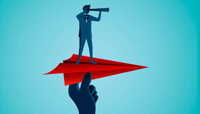 Establish professionalism Custom patches branding concept illustration showing businessman on paper airplane symbolizing brand visibility and identity growth.