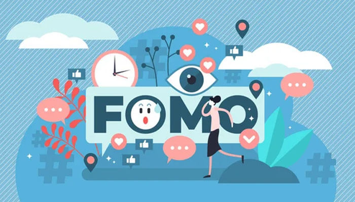 Fomo in advertising An illustrated image representing fomo (fear of missing out) in social media marketing, featuring a person walking, social media icons, clocks, and engagement symbols like hearts and likes.