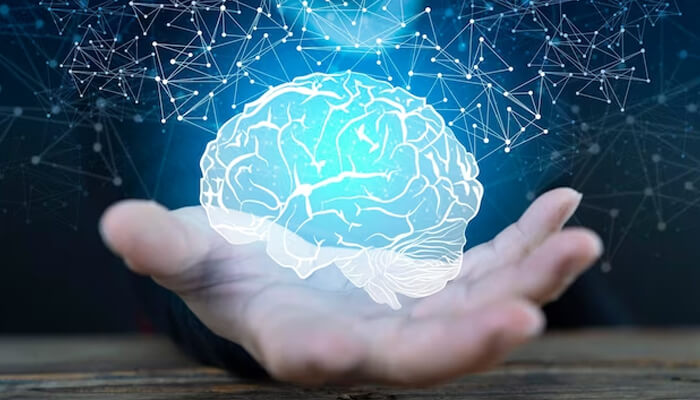 Face-to-face networking A hand holding a glowing brain, surrounded by digital network connections, representing the connection of knowledge and innovation through face-to-face networking in the digital age.