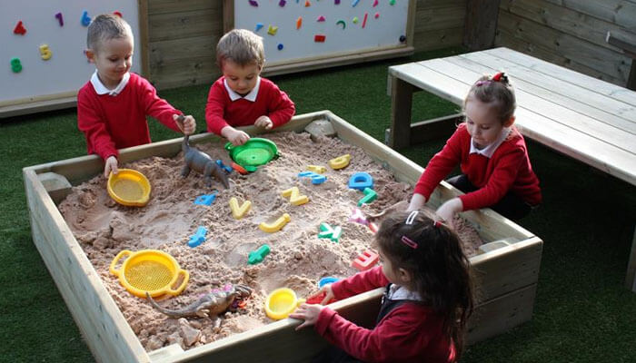 Imaginative and sensory play Playground equipment sand play area with children using outdoor toys, promoting interactive learning and safe playground activities.