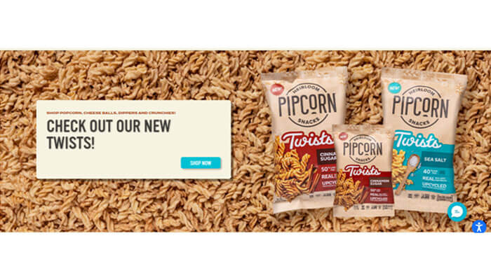 Plan your storefront design Product display of pipcorn snack bags shown on a shopify ecommerce store banner promoting new twists flavors.
