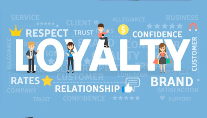 Promote unity and increase loyalty Customer loyalty and brand relationship concept graphic with “loyalty” text, trust icons, and client engagement elements.