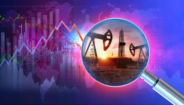 Russia anticipates lower oil and petrol production Russia oil rig highlighted through a magnifying glass with financial graphs, representing market trends and oil industry analysis.