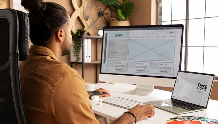 Trust your web designer Web designer designing a website layout on a large desktop monitor, showcasing the creative process of building a website interface.