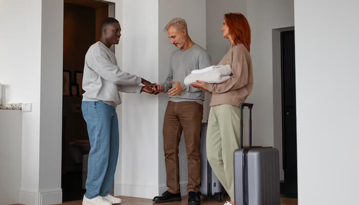 Vacation rentals A young man hands a key to a couple, symbolizing airbnb or rental check-in. Invest in real estate to build wealth and earn passive income.