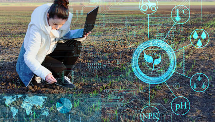 Iot in precision agriculture Farmer analyzing soil conditions with a laptop and digital overlays, demonstrating real-time monitoring and iot in precision agriculture applications.