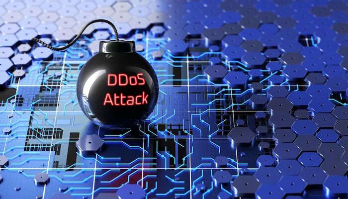 Ddos attacks Cybersecurity concept with a digital bomb labeled ‘ddos attack’ over a network background, symbolizing a distributed denial-of-service attack.
