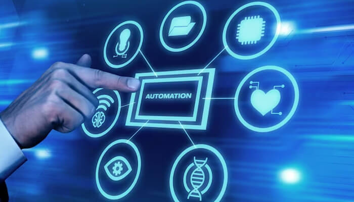 Business process automation Digital diagram showing the concept of automation in a central box, connected to various technology and data icons on a blue background.