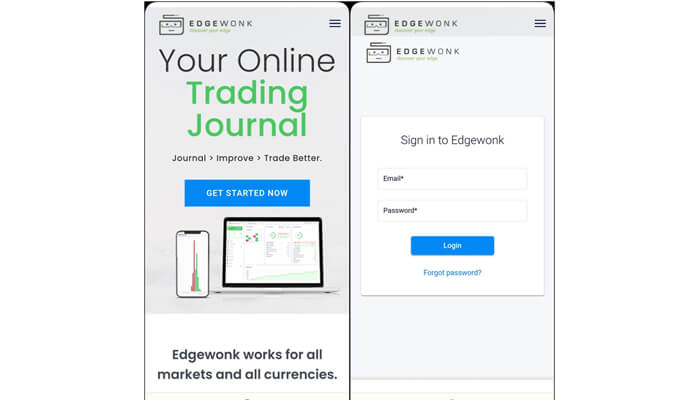 Edgewonk-tycoonstory | tycoonstory media Mobile interface showing the edgewonk online trading journal login and signup screen for tracking trades across markets and currencies.