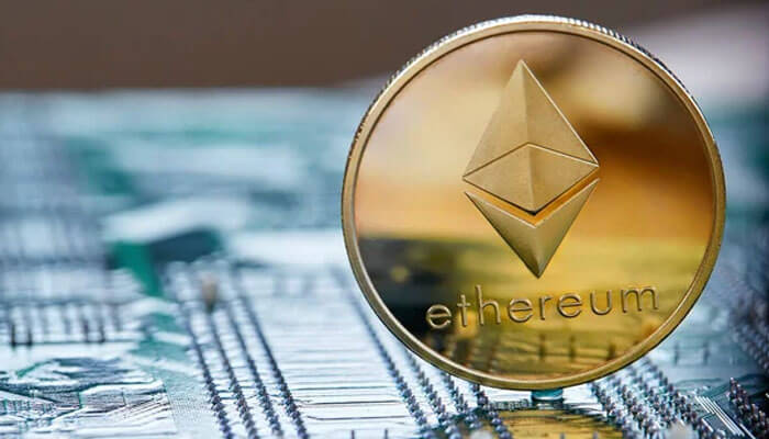 Ethereum-tycoonstory | tycoonstory media Ethereum coin standing on a computer motherboard, showcasing blockchain technology in the crypto casino market.