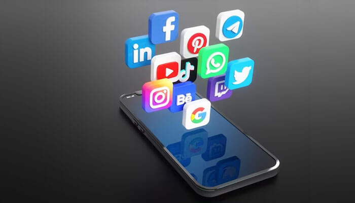 Get social A smartphone with various social media app icons floating above it, symbolizing the online presence and digital marketing strategies of law firm online.